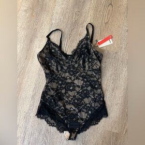 Sheer Black Lace Bodysuit Chemise with Delicate Floral Lace
